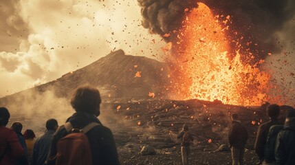 Wall Mural - Burst mode series capturing the changing expressions of people witnessing a volcanic eruption