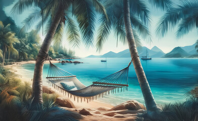 Wall Mural - Watercolor painting of a relaxing tropical beach vacation.