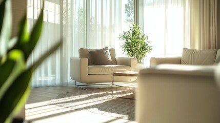 Poster - Cozy living room with natural light and indoor plants during the afternoon