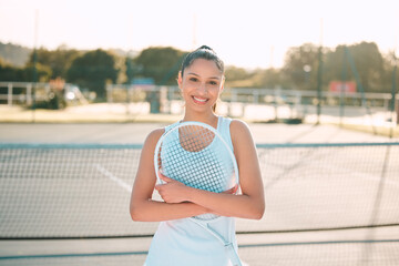 Sticker - Tennis court, smile and woman with racket in portrait for outdoor training, exercise and tournament. Sports, athlete and female player with equipment in fitness for competition, workout and practice