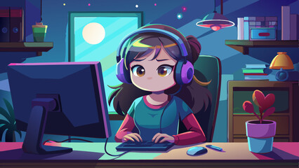 Wall Mural - A young girl wearing headphones is looking at a computer screen. The scene is set in a dark room with a blurry background. The girl appears to be focused