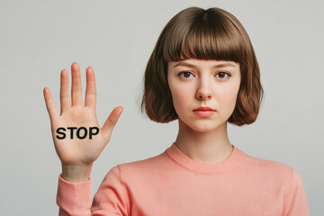 Message of Defiance, a young woman raises her hand with the word stop boldly printed on it, conveying a strong stance against interruption or negativity, serious expression.