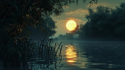 Wall Mural - Capture reflections of the sun on a tranquil lake at midnight