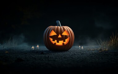 Wall Mural - Closeup of a carved pumpkin with a glowing, eerie face, set against a dark background with swirling fog and flickering candles, capturing the spooky essence of Halloween