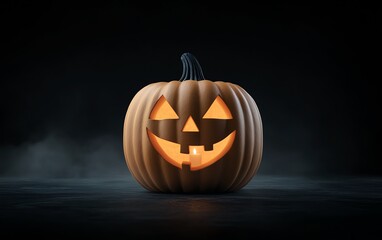 Wall Mural - Closeup of a carved pumpkin with a glowing, eerie face, set against a dark background with swirling fog and flickering candles, capturing the spooky essence of Halloween