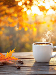 Sticker - cup of coffee with autumn leaves