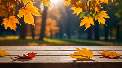 empty wooden table for mockups. outdoor exposition exhibit platform with colorful fallen leaves. uno