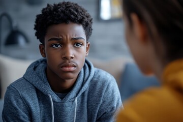 Close-up of distressed black teenage boy on counselling with psychotherapist, Generative AI