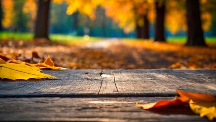 Wall Mural - Empty wooden table for mockups. Outdoor exposition exhibit platform with colorful fallen leaves. Unoccupied wooden table in autumn forest park perfect for fall season themed presentations.