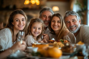 Happy extended family having fun during family lunch in dining room, Generative AI