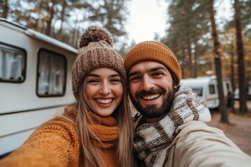Wall Mural - Happy couple of campers taking selfie at trailer park in autumn, Generative AI