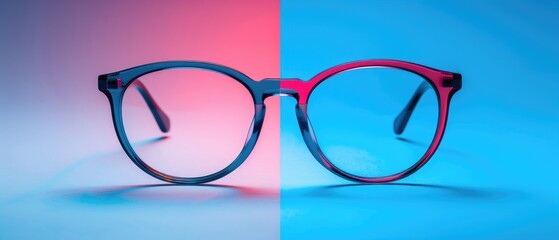 Round eyeglasses on a blue and pink background.