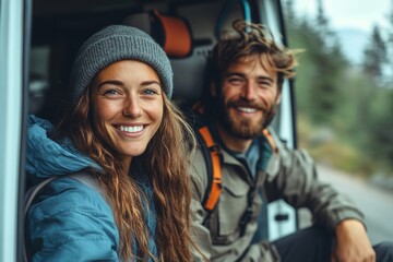 Happy couple of campers exploring the nature from their van, Generative AI