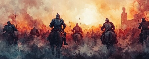 Medieval knights on horseback charge through smoke and flames towards silhouetted castle in dramatic, battlefield scene at sunset.