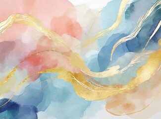 Poster - Watercolor art background. Wallpaper design with paint brush and gold line art. Earth