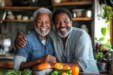 Cheerful man and his mature mother embracing in the kitchen, Generative AI