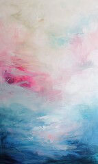 Wall Mural - Abstract painting with soft pinks, blues and whites, creating an ethereal atmosphere.