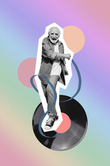 Sticker - Composite collage image of funny old man vinyl record dancing have dun discotheque fantasy billboard comics zine minimal