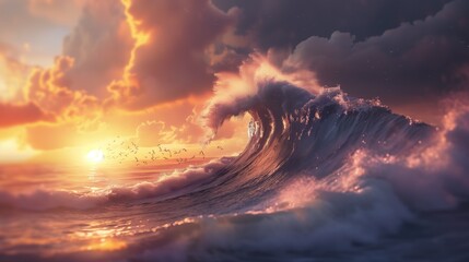 Wallpaper with the image of sea wave at sunset. Desktop background.