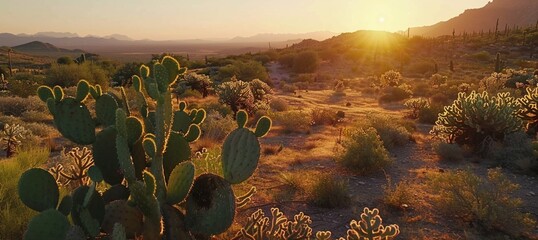 Wall Mural - Drone footage following a jackrabbit hopping past blooming cacti at sunrise