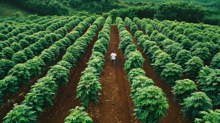 Wall Mural - Drone footage tracing a farmer moving through a papaya farm