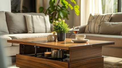 Poster - Incorporating a convertible coffee table that can be raised to dining table height for versatile use.