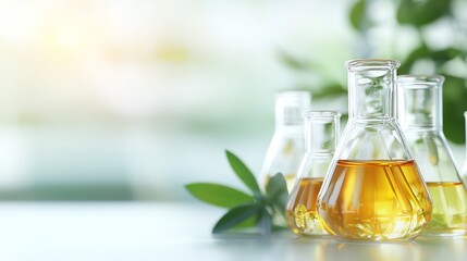 Close-up of glass flasks with golden liquid, showcasing natural ingredients for herbal remedies and wellness solutions.