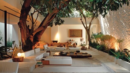 Poster - Luis Barragan's living room design, featuring white walls and surrounded by an exuberant garden, exudes warmth with cosy lights and modern furniture.