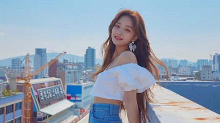 Wall Mural - On a rooftop, a beautiful K-pop idol poses in stylish jeans and a white top.