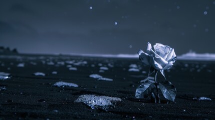 Poster - In the calm of a black-sand beach at night, a rose flower stands alone, its petals illuminated by the moonlight. 