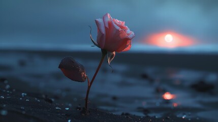 Wall Mural - In the calm of a black-sand beach at night, a rose flower stands alone, its petals illuminated by the moonlight.