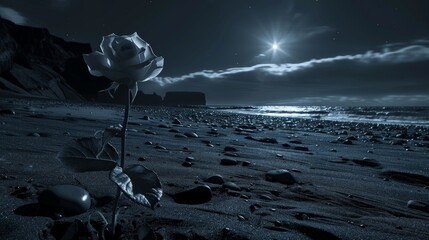 Canvas Print - In the calm of a black-sand beach at night, a rose flower stands alone, its petals illuminated by the moonlight. 