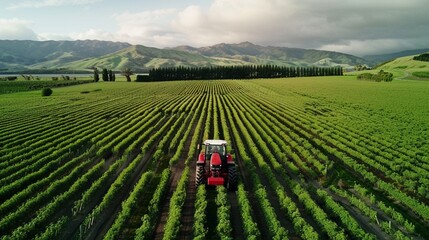 Wall Mural - Dynamic aerial shots of a tractor moving through kiwi fruit fields