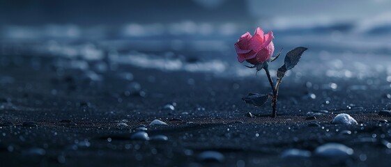 Canvas Print - In the stillness of a black-sand beach at night, a lone rose flower blooms, illuminated by the moonlight.