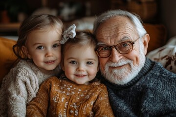 Cute small girl spending time with her grandparents at home, Generative AI