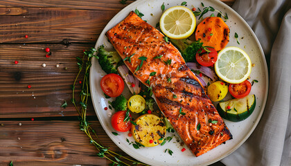 Poster - plate of grilled salmon steak with vegetables on wooden table, top view