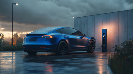 A blue electric car is charging at a wall station on a gray background