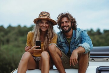 Wall Mural - Happy couple using mobile phone while sitting on roof of their camper trailer in nature, Generative AI
