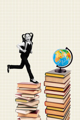 Wall Mural - Vertical photo collage of scream schoolgirl run book stack library literature subject globe education project isolated on painted background