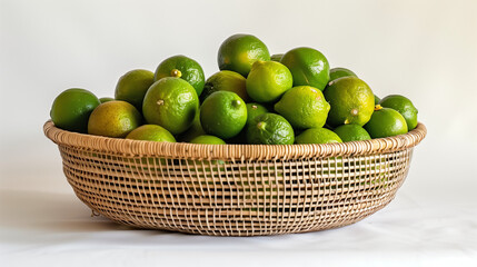 Wall Mural - Fresh lime fruits, wicker basket overflowing with fresh lime fruits, positioned on a spotless white background