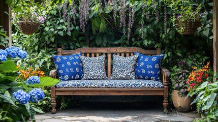 Canvas Print - A charming wooden bench with blue and patterned cushions sits surrounded by vibrant flowers and greenery in a peaceful garden setting