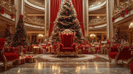 Wall Mural - The lavish hotel lobby is adorned with multiple Christmas trees, golden ornaments, and a striking red throne surrounded by beautifully wrapped gifts