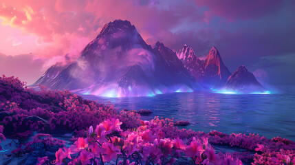Wall Mural - A beautiful mountain landscape with a pink and purple sky and a lake. 