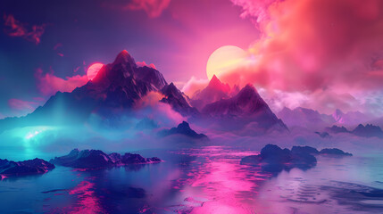 Wall Mural - A beautiful mountain landscape with a pink and purple sky and a lake. 