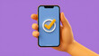 © Tark - 3D Hand holding mobile phone with Check mark. Tick on smartphone screen. Character finger. Completed task, done payment. Business concept. Isolated cartoon icon on purple background. Generative AI