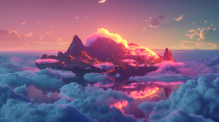 Wall Mural - A beautiful mountain landscape with a sun in the sky. The sun is setting and the sky is a mix of pink and blue. 