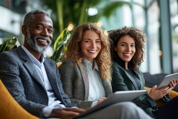 team of happy businesspeople working in an office lobby, generative ai