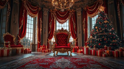 Canvas Print - The lavish room features a richly decorated Christmas tree, a regal red chair, and presents scattered around, creating a festive atmosphere