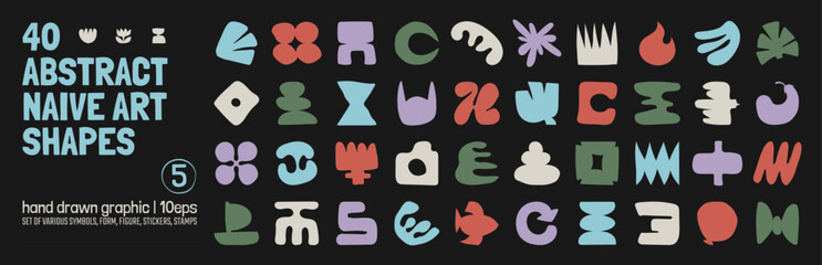 Aufkleber - Collection of various hand drawn bizarre abstract geometric unusual shapes, forms in matisse art style, Childish freehand aesthetic, Vector naive doodle primitive object and graphic elements, set 5
