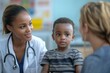 © Kishan - Female pediatrician talks to black little boy who is sitting on mother's lap at clinic, Generative AI